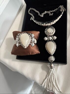 Silver-Tone White Stone Teardrop Necklace and Bracelet Set